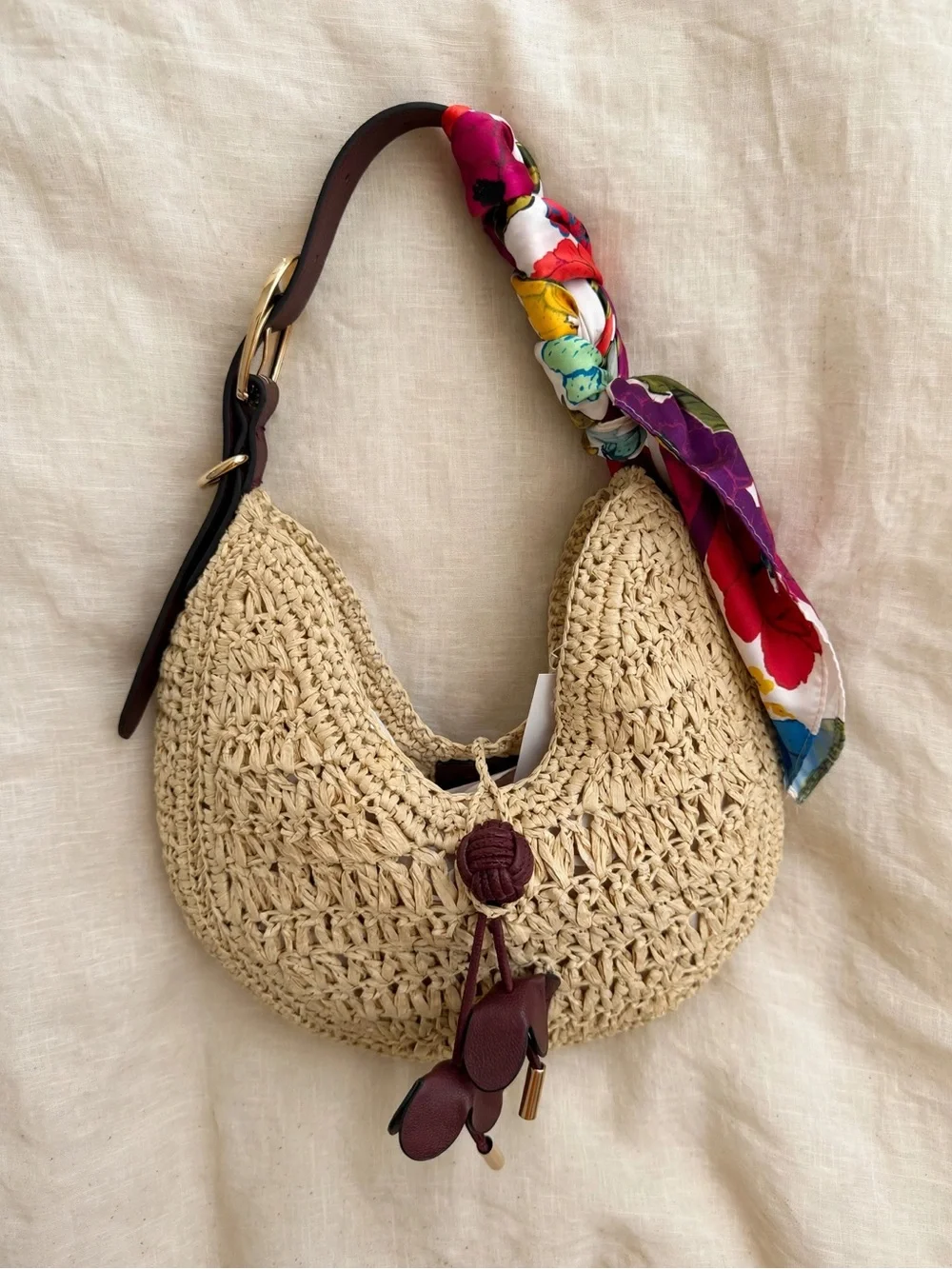 H&M Natural Woven Hobo with Multicolor Floral Scarf